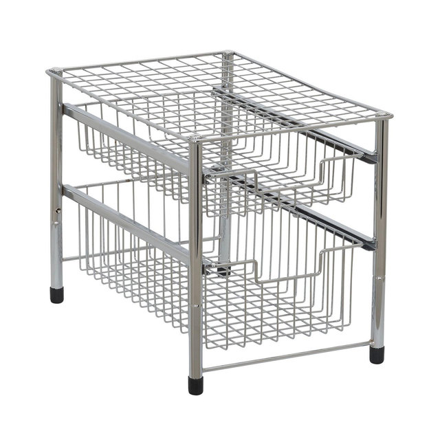 Two Basket Sliding Cabinet Organizer, Metal, Small, Free Standing - No Installation Necessary, Silver Finish