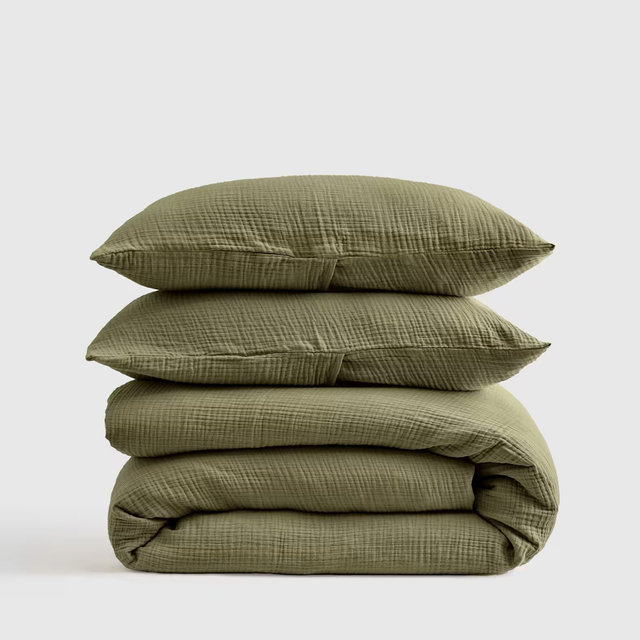 Organic Cotton Gauze Duvet Cover Set - Olive, Full/Queen