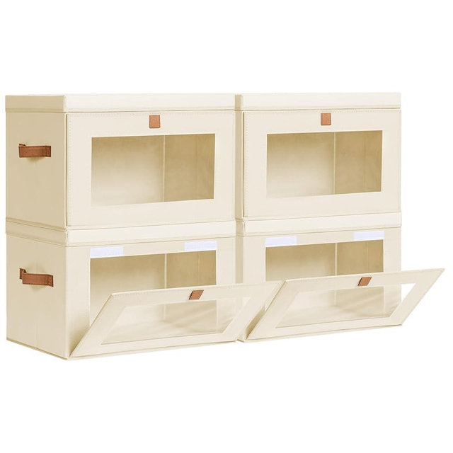Homsorout Large Closet Storage Organizer - Collapsible Storage Bins with Handles & Window, Decorative Storage Boxes with Lids, Fabric Storage Containers for Living Room, Dorm, 4 Pack, Beige