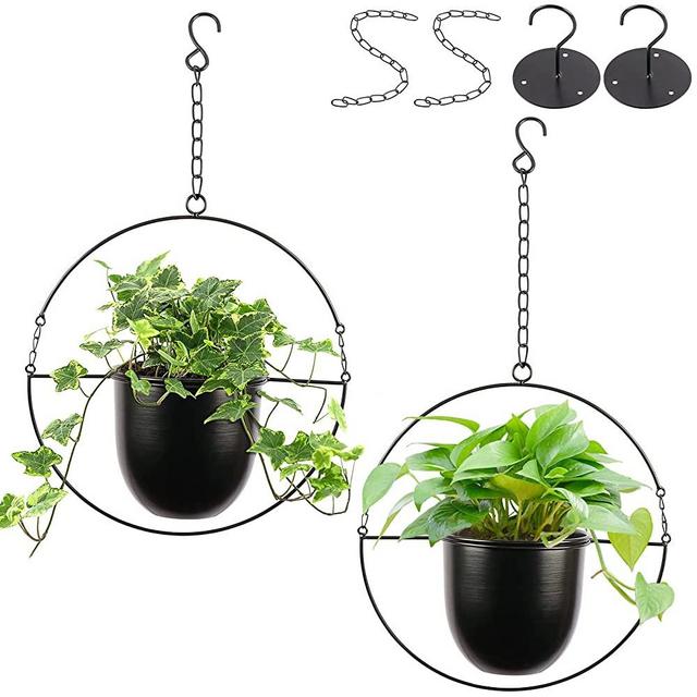 AerWo 2 Pcs Hanging Planters for Indoor Outdoor Plants with 6" Pot, Hooks and Chains, Metal Modern Wall and Ceiling Planter, Boho Mid Century Minimalist Flower Pot Planter Holder Hanger for Home Decor