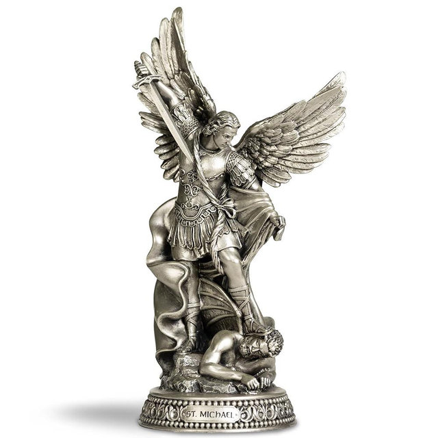 DevotedWalls St. Michael The Archange,12" H San Miguel The Great Protector Archangel Statue with Wings,St. Archangel Michael Defeating Satan on Base with Name Plate,Confirmation Gift(Silver Color)