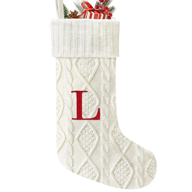 Yoochee 21 Inches Knitted Christmas Stockings with Initials, Large White Custom Monogram Embroidery Christmas Stockings with Letter, Personalized Xmas Decoration for Holiday Family Party-L