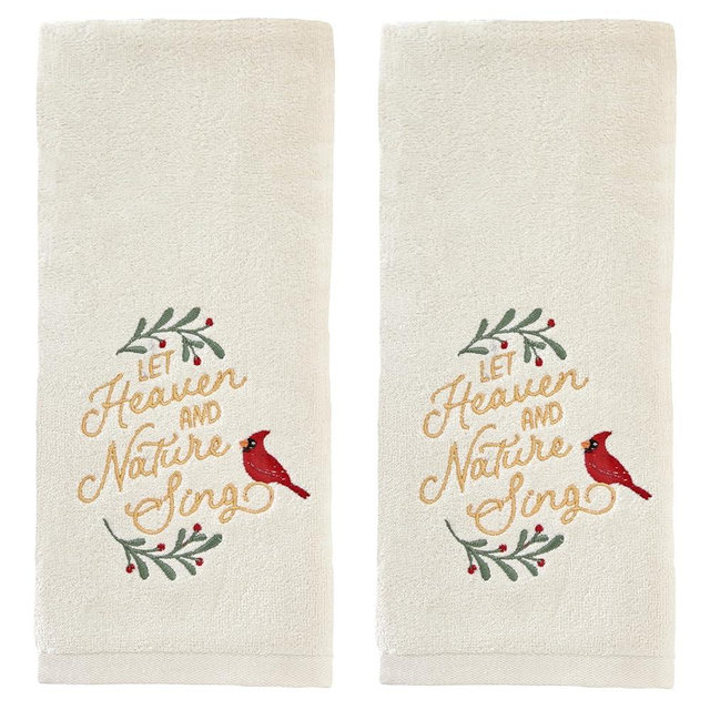 SKL Home Christmas Heaven & Nature Sing Hand Towel 2pc Set for Bath/Kitchen/Bar & Gift, Natural