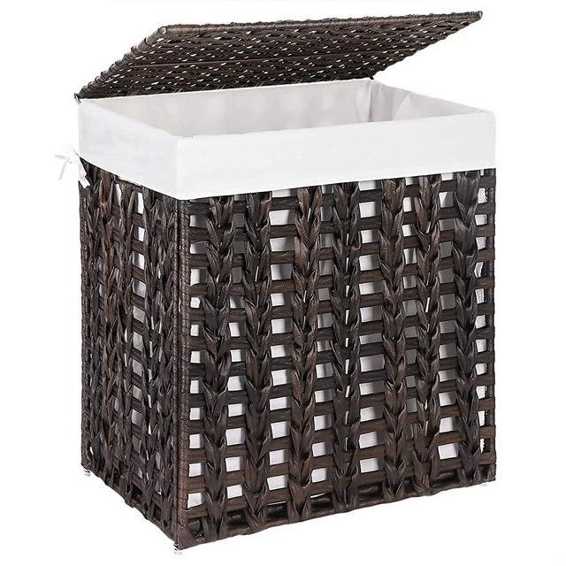 SONGMICS Handwoven Laundry Hamper, Rattan-Style Laundry Basket with Removable Liner Bag, Lid, Metal Frame, 17.9 x 12.6 x 20.3 Inches, for Living Room, Bathroom, Brown ULCB050K01