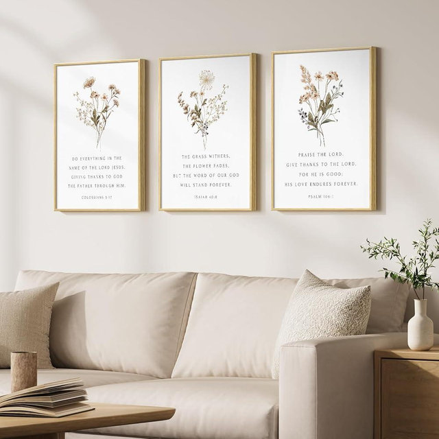 Framed Christian Scripture Wall Art Set of 3, Wildflower Floral Bible Verse Prints Inspirational Religious Quotes, Botanical Scripture Artwork Decor for Living Room Bedroom Prayer Room, 12x16 Inch