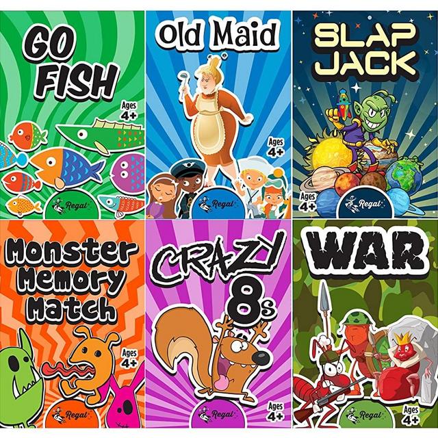 Regal Games - Kids Classic Card Games - Includes Old Maid, Go Fish, Slapjack, Crazy 8's, War, and Silly Monster Memory Match- for Family Game Nights, Parties - Set of 6 Games