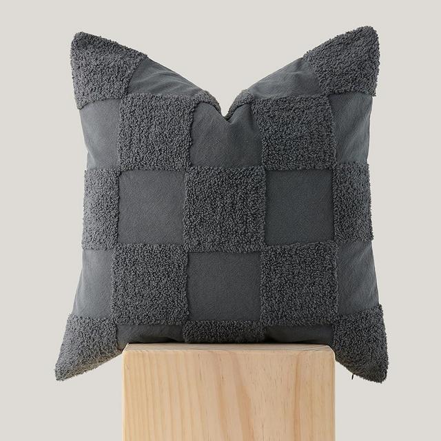 Double Stitch by Bedsure 100% Cotton Tufted Throw Pillow Cover - Boho Decorative Pillow Cover 20"x 20", Living Room Square Couch Cushion Cover, Accent Pillow Covers, Charcoal Grey