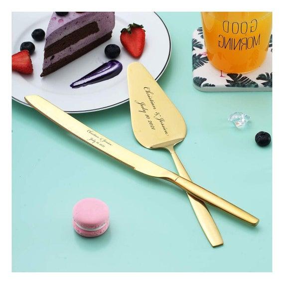 Personalized Wedding Cake Knife & Server Set GOLD Vintage Bride Groom Weddings Party Pies Cakes Serving Stainless Steel Custom Engraved