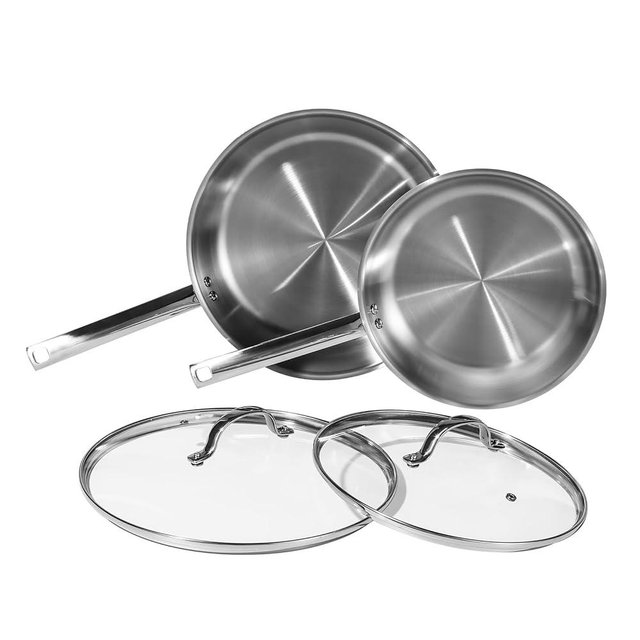 DELUXE Stainless Steel Pan Set 4-Pieces, 10&12-Inches Skillet with Lid, Stay-cool Handle& Heavy Bottom Stainless Steel Frying Pan, Dishwasher Oven Safe,Cooking Pan Suit for All Cooktops