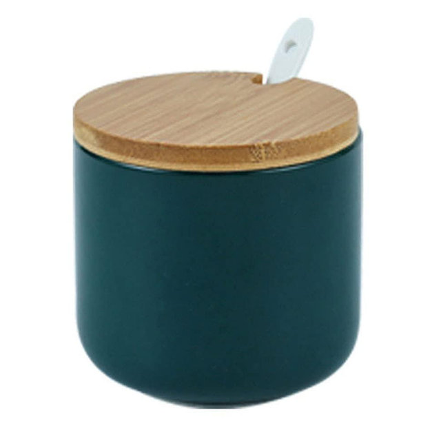RockTrend Simple Pure Color Ceramic Spice Jar Seasoning Box Condiment Pot Sugar Bowl with Bamboo Lid and Spoon