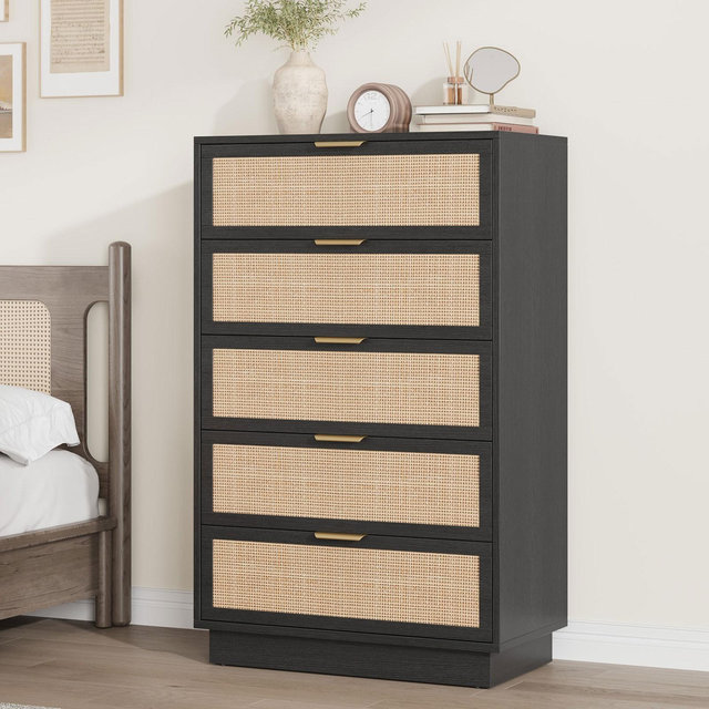 Rattan 5 Drawer Dresser, 46.7in Tall Black 5 Chest of Drawers with Metal Handles and Wooden Sturdy Base for Bedroom Living Room Nursery