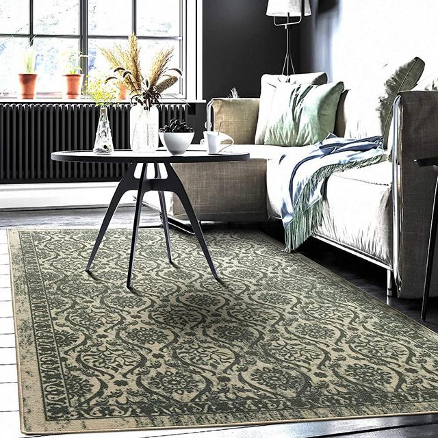 Antep Rugs Alfombras Non-Skid (Non-Slip) 4x6 Rubber Backing Floral Geometric Low Profile Pile Indoor Area Rugs (Dark Green, 4' x 5'8")