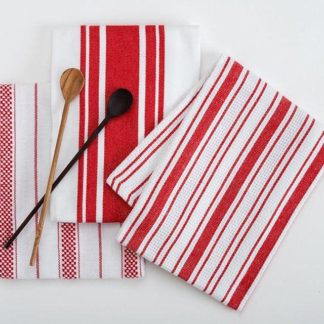 Casa De Lan Kitchen Towels Set – Pack of 3 (20’’ x 30’’) Extra Large Premium Cotton Dish Towels for Kitchen – Absorbent – 100% Cotton – with Hanging Loop – Red Multi Design Striped