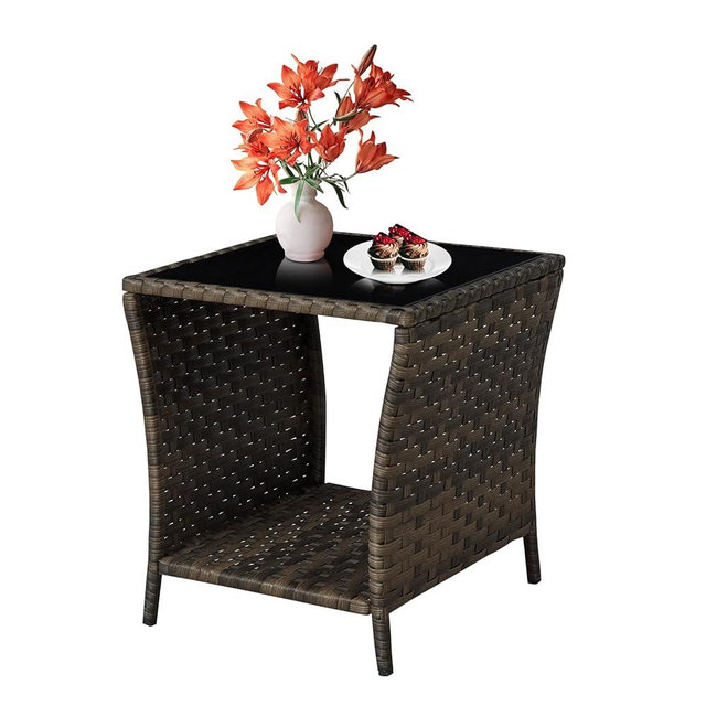 Elepude Outdoor Wicker Side Table Rattan Side Tables End Table for Patio with Glass Top Rattan Storage for Patio Garden Balcony