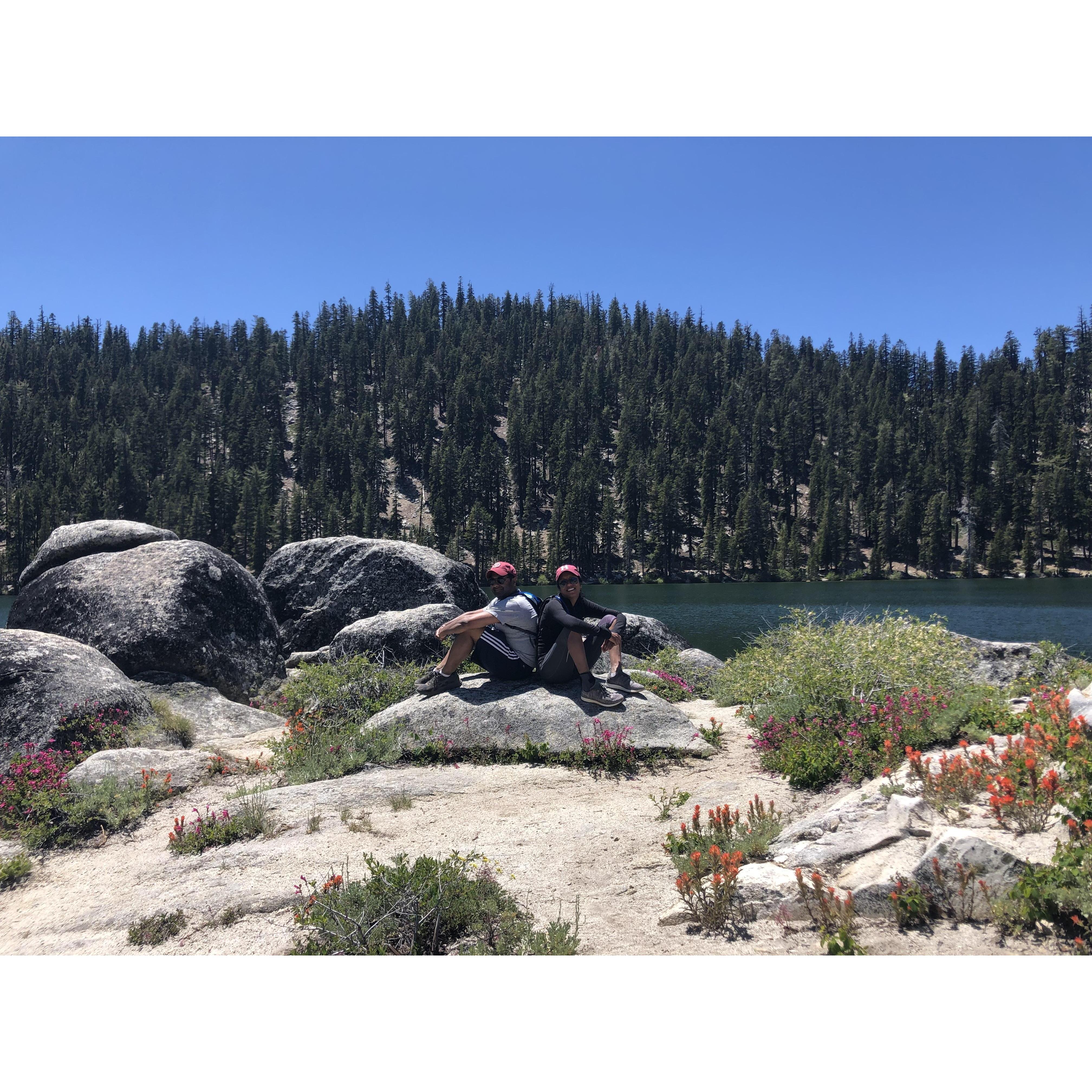 6 miles into our hike near Lake Tahoe...we are way more exhausted than we look.