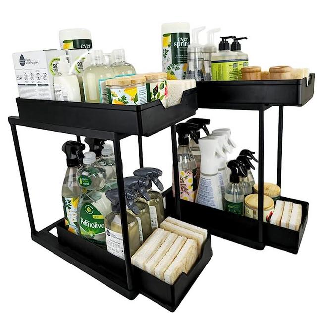 Under Sink Organizers and Storage | 2 Pack Under Sink Cabinet Organizer with DUAL Sliding Drawer | 2 Tier Large Capacity Organization