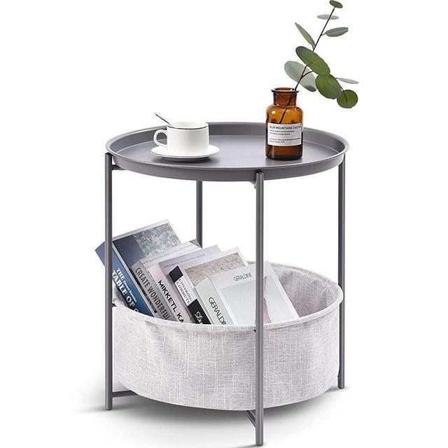 TOOLF End Table, Metal Nightstand, Coffee Round Table, Sofa Side Snack Table with Detachable Tray Top and Fabric Storage Basket, Scandi Style Table for Living Room Bedroom (Charcoal)