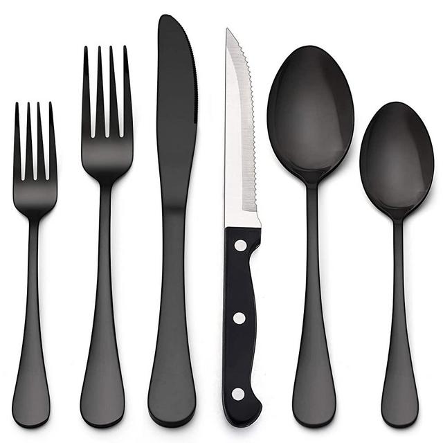 LIANYU 48-Piece Black Silverware Set with Steak Knives, Stainless Steel Flatware Cutlery Set for 8, Modern Eating Utensils Tableware, Mirror Finish, Dishwasher Safe