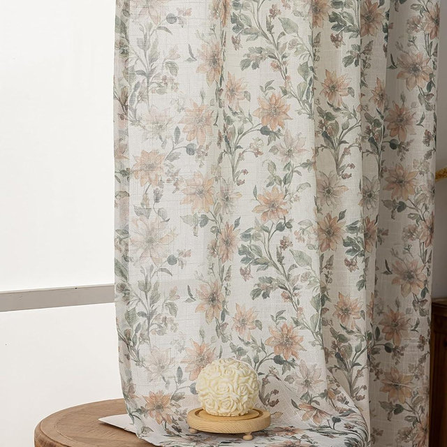 SUOUO Vintage Floral Semi Sheer Curtains Linen Textured for Living Room 84 inches Long Rod Pocket Light Filtering Window Drapes for Dining Bedroom 2 Panels