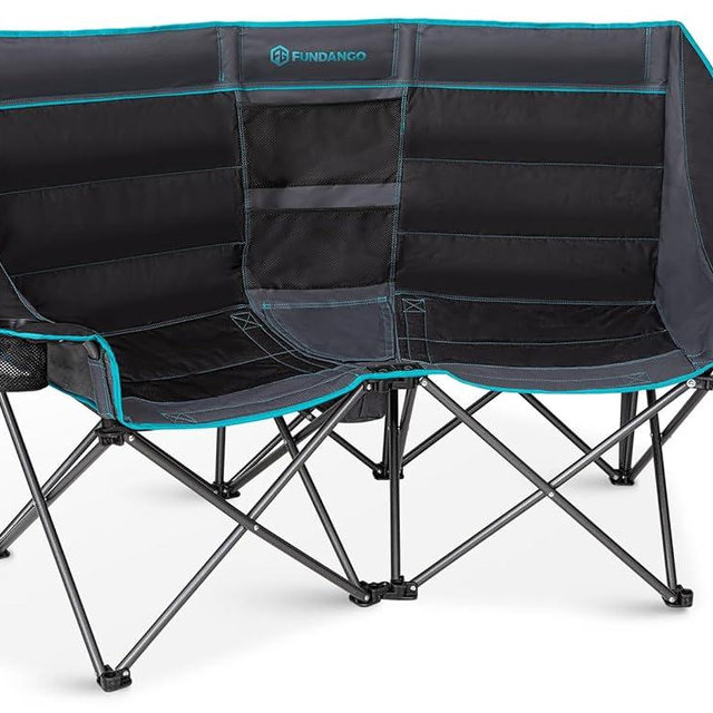 FUNDANGO Double Camping Chair with Cooler, 2 Person Folding Oversized Loveseat Camp Chairs for Adults Fully Padded Couch with Cup Holder Carry Bag for Outdoor Lawn Beach Patio Support 660 LBS
