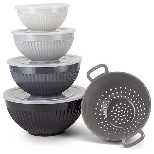Phantom Chef Mixing Bowl Set (5 Pieces + 4 Lids) | Nested Melamine | 7, 8, 10, 11” Bowls & 9” Colander | Cooking, Mixing, Baking, Prepping, Stirring, Serving | Space-Efficient Storage (Black)