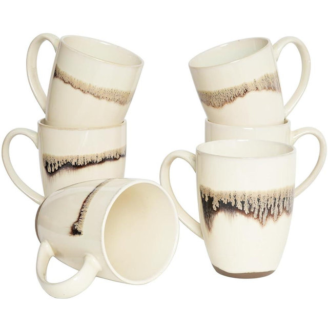 Bosmarlin Ceramic Coffee Mug Set of 6, 15 Oz, Coffee Cups with Big Handle, Microwave and Dishwasher Safe (Beige Forest, 15 Oz)