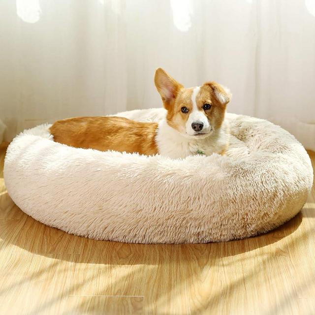 JMHUND Donut Dog Beds for Medium Dogs,Washable Large Dog Bed Calming Cuddler,Fluffy Round Pet Bed,Faux Fur Small Cat Bed.