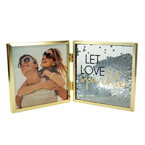 Pavilion Gift Company Let Love Sparkle - 9.75 Inch Double-Sided Hinged Glitter Picture Frame for 4.5 Inch Square Photo, Gold