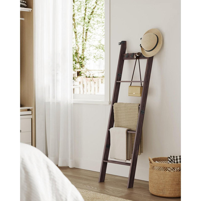 5-Tier Blanket Ladder with 4 Hooks, Rustic Farmhouse Storage Shelf for Towels, Throws & Decor, Maroon Brown