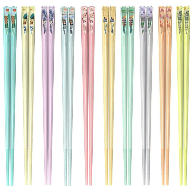 10 Pairs Reusable Chopsticks, 9.5-Inch Dishwasher Safe, Heat-Resistant, Non-Slip, Colorful Chinese Style Chopsticks with Unique Pattern Designs (Round)
