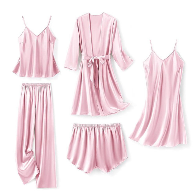 SAPJON Silk Pajamas for Women 5Pcs Sleepwear Loungewear Satin Robe Cami Shorts Pj Set