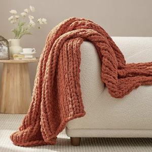 Amélie Home Chunky Knit Blanket Throw, Thick Soft Chenille Yarn Throw, Warm Handmade Rope Knot Blanket for Couch Sofa Bed, 50x60, Burnt Orange