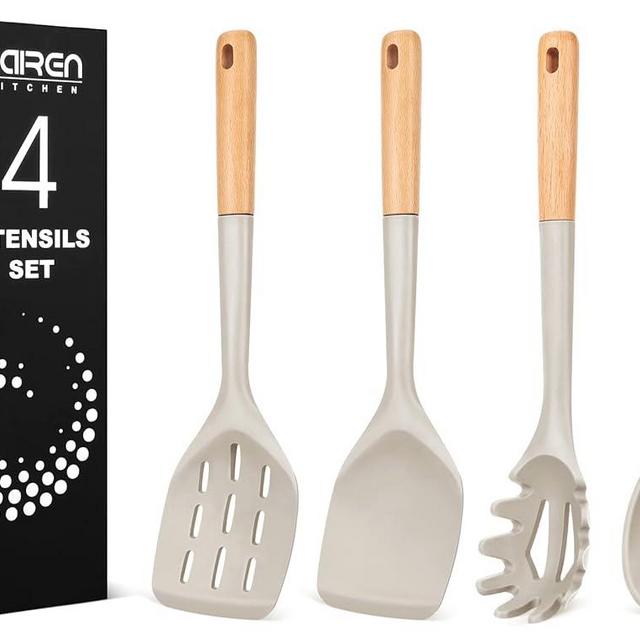Silicone Cooking Spatulas and Spaghetti Spoons, 4 Pack Heat Resistant Wooden Handle Cooking Utensils Set, Non Stick Large Kitchen Silicone Spatula Spoons for Cooking, Mixing, Serving, Draining