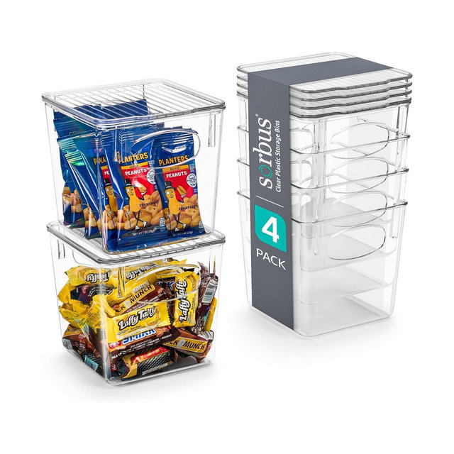 Sorbus Clear Plastic Container Bins W/ Lids (Small 4 Pack)