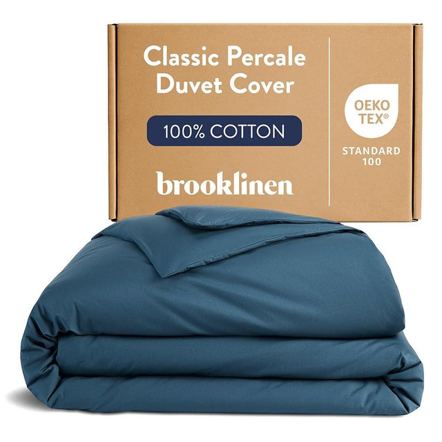 Brooklinen Luxury Percale Duvet Cover – 100% Cotton, Cool, Crisp, Extra-Long Corner Ties, Button Closure, Soft & Breathable – Machine Washable, Duvet Cover Full/Queen Bed Sizes (Abyss)