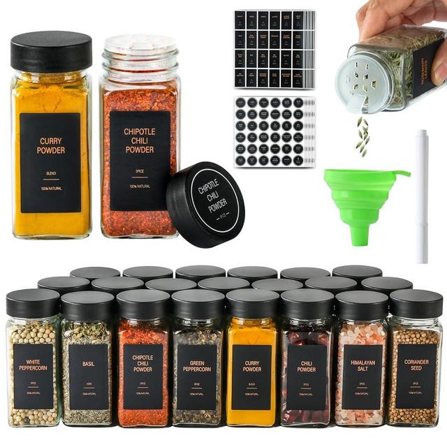 TESUNMU Spice Jars with Label，4oz Glass Spice Bottles With Shaker Lids，Seasoning Containers with Funnel, Chalk Pen for Cabinet，Drawer，Rack (Black, 24)