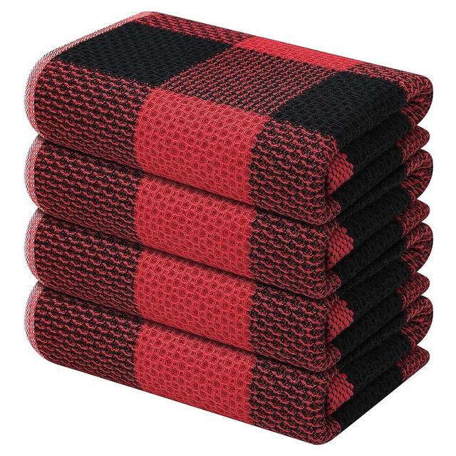 Mordimy 100% Cotton Waffle Weave Kitchen Towels, 13 x 28 Inches, Super Soft and Absorbent Buffalo Check Dish Towels for Drying Dishes, 4-Pack, Black & Red