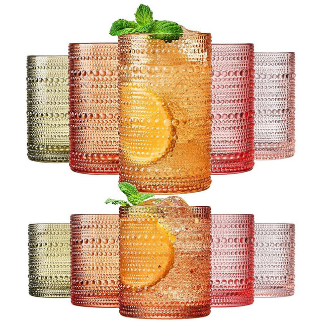 Hobnail Beaded Highball Drinking Tumbler Glasses | Set of 10 | Color, Vintage Bubble Design Whiskey Glassware, Old-Fashioned, Embossed Design, Water, Wine, Cocktail Embossed Heavy Glass, Rocks Glass