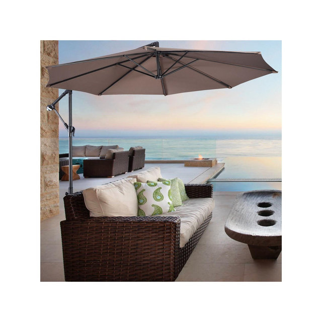 Costway 10' Hanging Umbrella Patio Sun Shade Offset Outdoor Market W/t Cross Base Tan