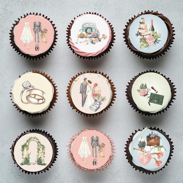 Fyeoxle 36PCS Edible Wedding Cupcake Toppers Wafer Paper Groom and Bride Cupcake Decoration Diamond Ring Cupcake Picks for Bridal Shower Bachelorette Wedding Party Supplies