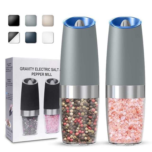 UNNEES Gravity Electric Salt and Pepper Grinder set of 2, Automatic Salt And Pepper Grinder Set, Adjustable Roughness, Battery Powered, LED Light, 2 Pack, (Light Grey)