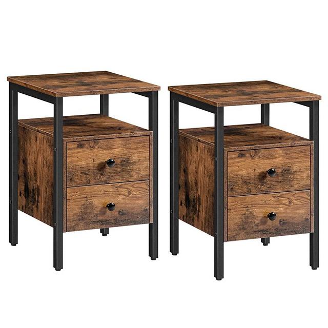 HOOBRO Nightstands Set of 2, Bedside Table with 2 Drawers and Storage Shelves, Side End Table, Sofa Table for Living Room, Bedroom, Accent Furniture, Easy Assembly, Rustic Brown and Black BF43BZP201US