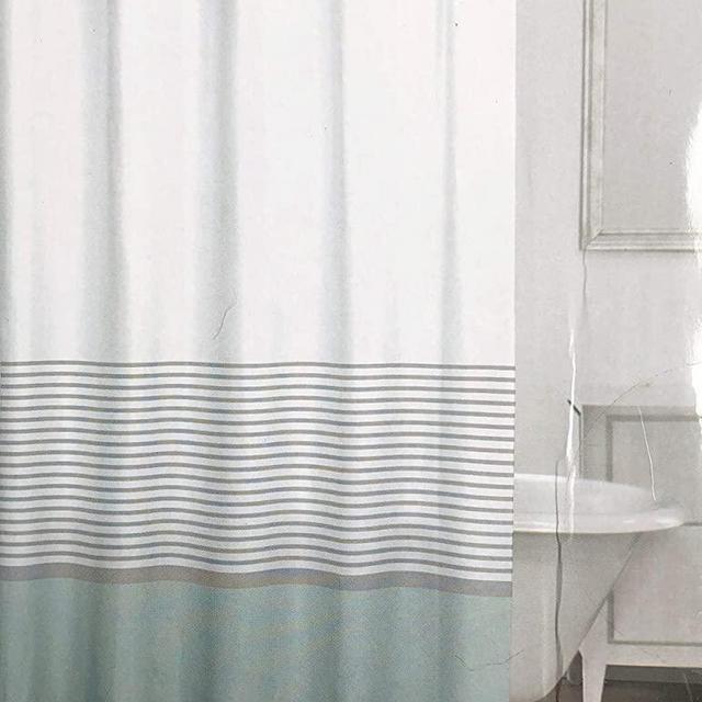 Caro Fabric Shower Curtain Narrow Horizontal Silver Stripes on White with a Wide Light Blue Stripe at Base - St Moritz, Stream…