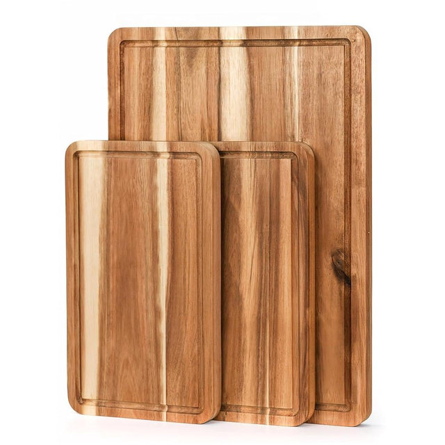 VieWood Acacia Wood Cutting Board Set of 3 for Kitchen, Butcher Block Cutting Board with Juice Grooves, Wooden Tray for Charcuterie Cheese, Meat, Pre-oiled Chopping Board, Durable, Knife-Friendly
