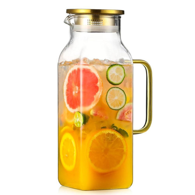 2 Quart (2 Liter 68 oz) Square Glass Pitcher with Lid and Spout, Water Pitchers with Handle for Fridge, Borosilicate Glass Carafe for Hot/Cold Drink, Large Jug for Iced Tea, Coffee, Beverage, Cold