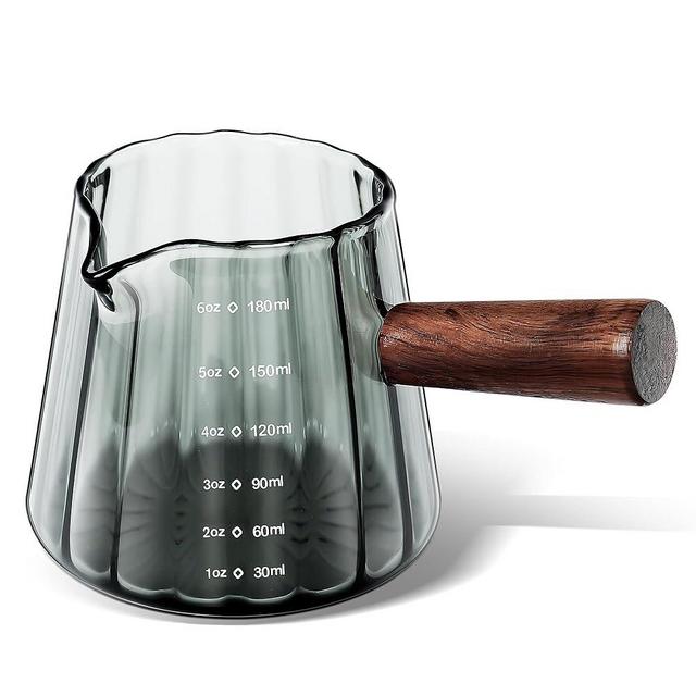 Joeyan 6 oz Grey Glass Measuring Cups with Spout,Borosilicate Glass Triple Pitcher with Scale,Origami Style Espresso Shot Glasses with Wood Handle for Coffee Milk,Dishwasher Safe