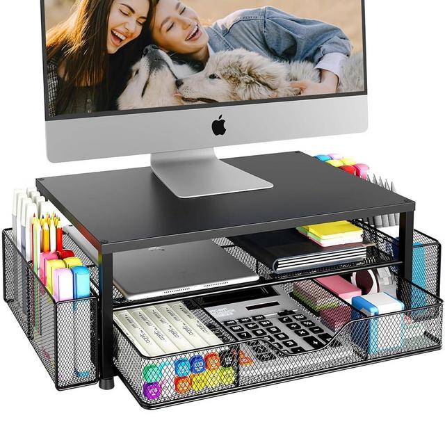 OPNICE Desk Organizers and Accessories, 2-Tier Computer Monitor Stand for Desk Organizer with Drawer and 2 Pen Holders, Office Desk Accessories Workspace Desktop Organizers for Office Supplies, Black