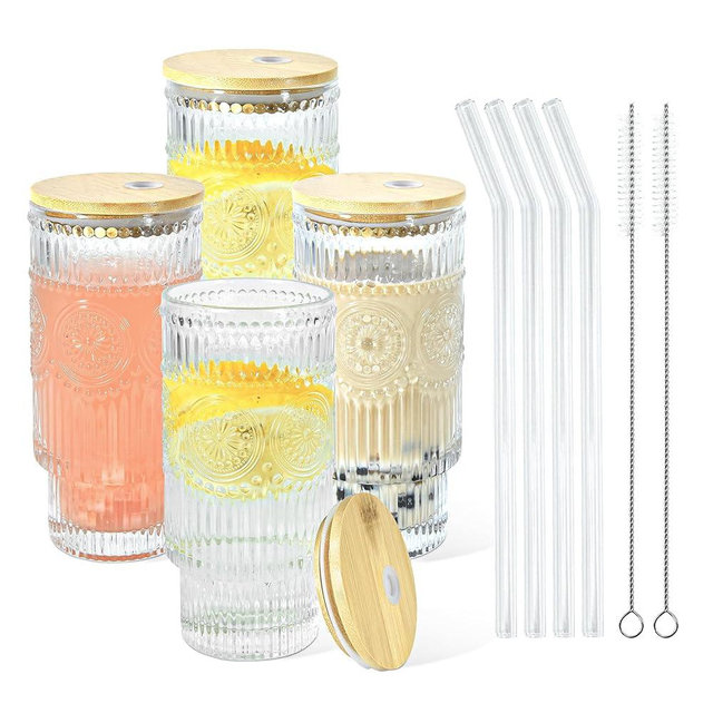 Icesip 4 Pcs 16 oz Glasses Cups Set with Bamboo Lids Straws Brush Sunflower Glassware Set for Juice Iced Coffee Beer Cocktail Whiskey