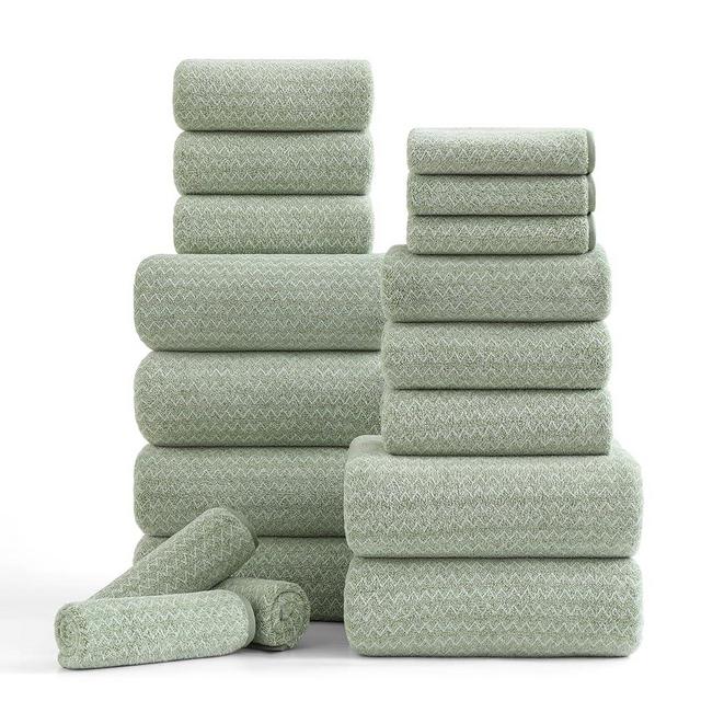 Ycosy 18 Piece Bath Towels Set,100% Microfiber Family Bathroom Towel with Hanging Loops-6 Bath Towels,6 Hand Towels,6 Washcloths,Quick Dry Highly Absorbent Shower Towel for Bathroom,Hotel,Spa-Green