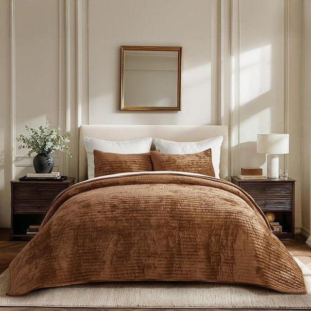 EVERGRACE Velvet Quilt Set King Size, Luxurious Soft Striped Channel Bedding Set, Lightweight Velvet Comforter for All Season, Oversized Bedspread Coverlet with 2 Matching Shams, Dark Brown